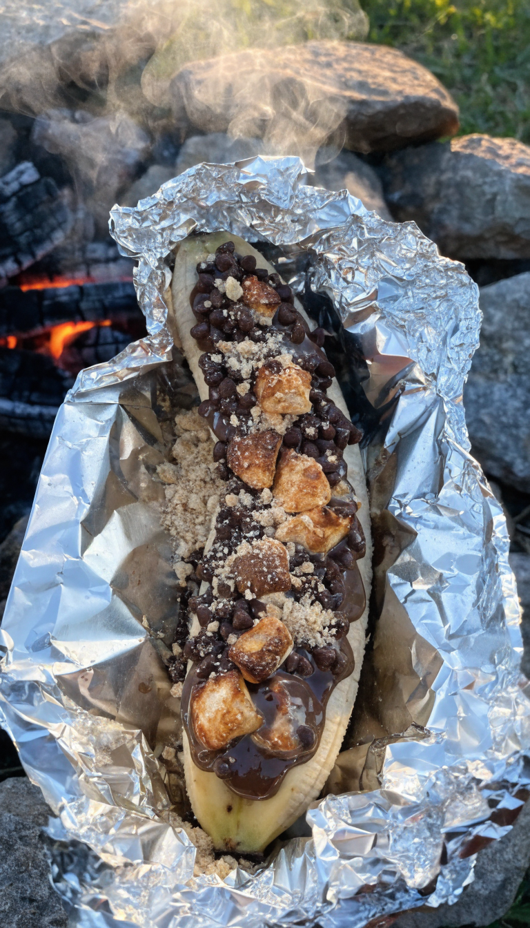 A close-up overhead photograph of a banana boat dessert just unwrapped from aluminum foil at a campsite, showing a ripe banana still in its peel with a lengthwise slit cut down the center, stuffed and overflowing with melted chocolate chips, gooey toasted marshmallows, and graham cracker crumbs, the chocolate beautifully melted and glossy, wisps of steam rising from the warm dessert, sitting on crinkled foil beside glowing orange campfire coals in soft evening light, rustic camping setting with warm golden hour lighting