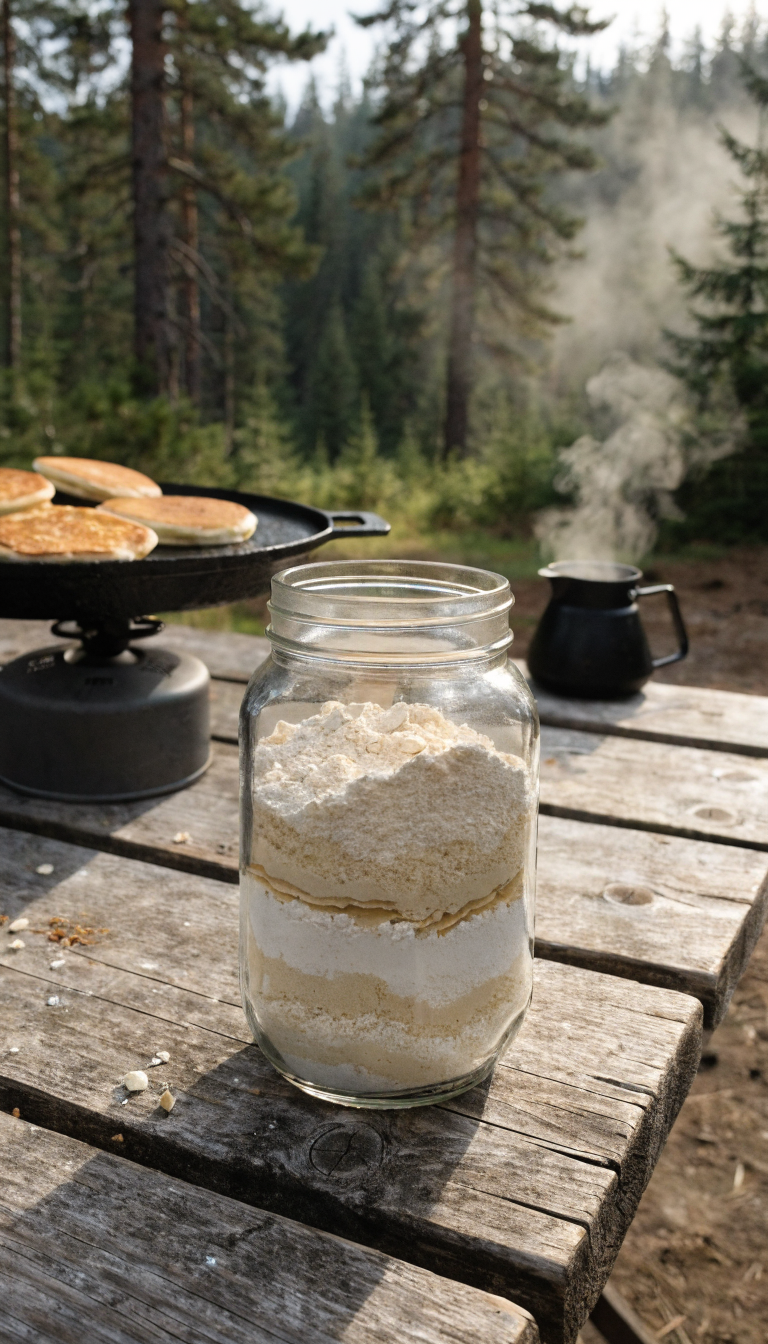 A rustic outdoor camping scene showing a clear wide-mouth mason jar filled with layered dry pancake mix ingredients creating distinct beige and white striations, sitting on a wooden camp table next to a cast iron griddle with golden pancakes cooking over a portable camping stove, surrounded by pine trees in soft morning light with steam rising from a coffee pot in the background, shot in natural lighting with shallow depth of field focusing on the mason jar