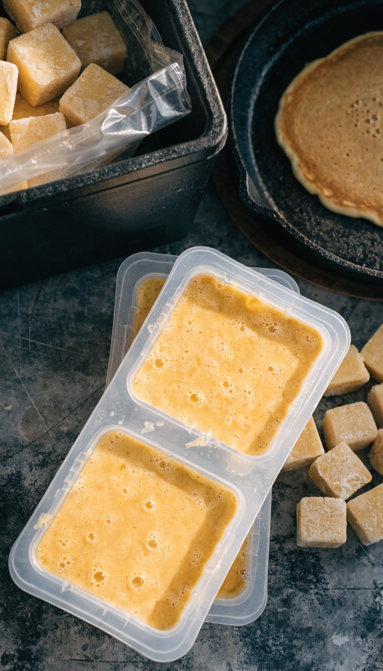 A close-up overhead shot of silicone ice cube trays filled with golden pancake batter sitting on a kitchen counter, with several frozen pancake batter cubes popped out beside the tray, showing their perfect cube shape and pale yellow color. In the background, a camping cooler is partially visible with a freezer bag containing more frozen batter cubes, and a cast iron skillet with one freshly cooked golden-brown pancake. Natural morning light streams across the scene, highlighting the texture of the batter cubes and creating a warm, inviting camping breakfast preparation atmosphere.