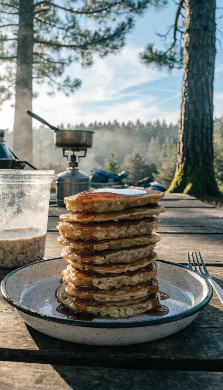 A rustic camping scene showing a stack of thick, fluffy golden-brown pancakes made from overnight oats batter on a speckled enamel camping plate, sitting on a wooden picnic table at a campsite. Next to the pancakes is a clear plastic container with visible oats and milk mixture, a camping stove in the background, and morning sunlight filtering through pine trees. The pancakes have a hearty, textured appearance with visible oat flakes throughout. A fork rests beside the plate, and camping gear is subtly visible in the soft-focused background, creating an inviting outdoor breakfast atmosphere.