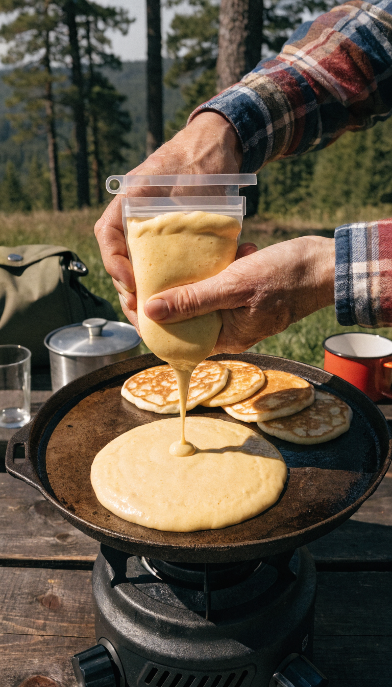 A realistic overhead photo of hands squeezing pancake batter from a clear reusable food pouch onto a camping griddle over a portable camp stove, with the batter forming a neat circular pancake shape, set on a wooden picnic table at a campsite with camping gear and pine trees softly blurred in the background, natural morning lighting, professional food photography style