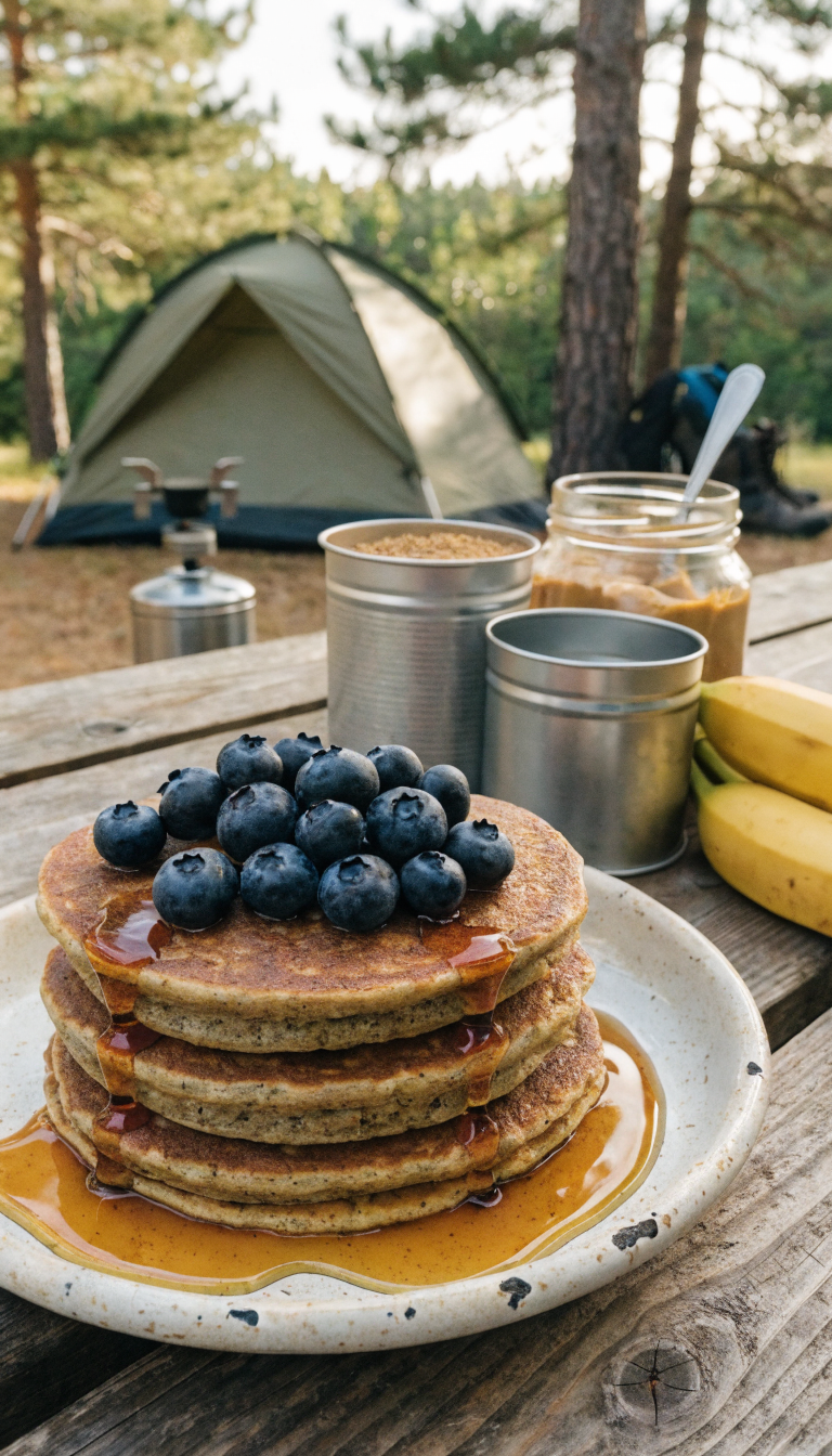 A realistic outdoor camping scene showing a stack of golden-brown protein pancakes on a rustic enamel camping plate, placed on a wooden picnic table at a campsite. Next to the pancakes are containers of protein powder, a jar of peanut butter with a spoon, and fresh bananas. In the background, a tent and camping gear are visible with morning sunlight filtering through pine trees. The pancakes appear thick and hearty, with a slightly darker, nutritious appearance typical of protein-packed pancakes. A camping stove is visible nearby, and the overall composition suggests an active outdoor breakfast setting with hiking boots and a backpack subtly placed in the scene.