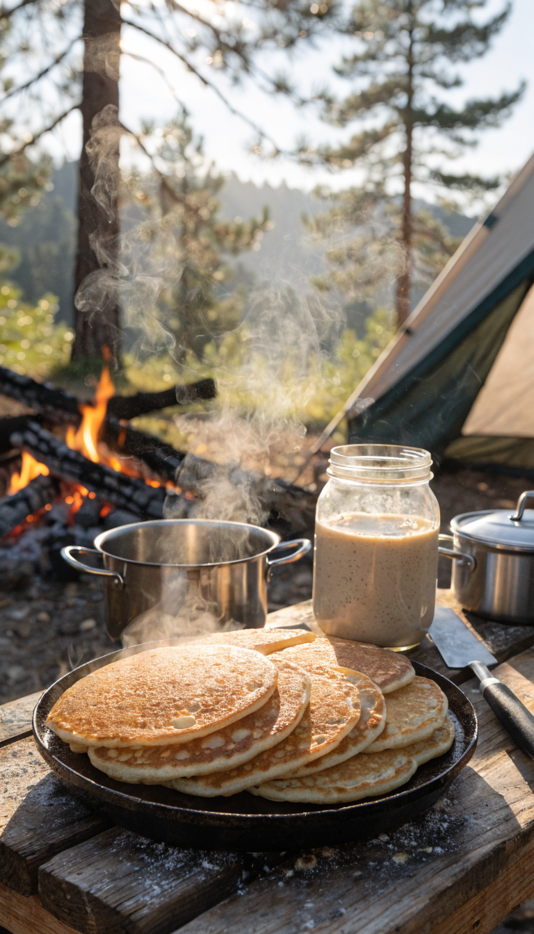 A rustic camping scene showing golden-brown sourdough pancakes cooking on a cast iron griddle over a campfire, with bubbles forming on the surface of the pancakes indicating perfect fermentation, a mason jar filled with creamy sourdough starter visible beside the griddle, morning sunlight filtering through pine trees in the background, steam rising from the hot pancakes, camping cookware and a spatula nearby on a wooden camp table, natural outdoor setting with tent partially visible, warm and inviting breakfast atmosphere in the wilderness