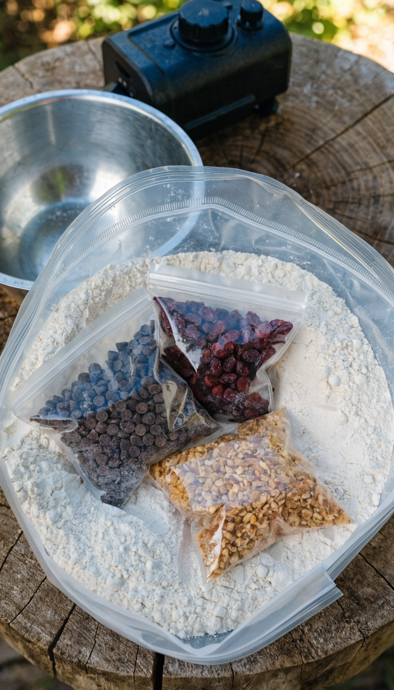 A realistic overhead photograph of a clear ziplock bag filled with pre-measured pancake dry mix, containing smaller ziplock bags inside with chocolate chips, dried cranberries, and chopped nuts, arranged on a rustic wooden camping table with a camping stove and metal mixing bowl visible in the background, natural outdoor lighting, high-quality food photography style