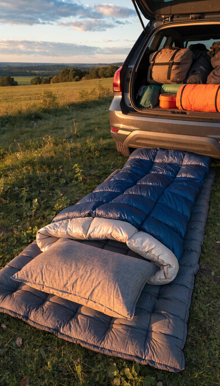 A high-quality overhead photograph of a three-layer car camping sleep system laid out on grass next to an open car trunk, featuring a thick insulated sleeping pad on the bottom, an unrolled mummy-style sleeping bag in the middle, and a camping pillow at the top, with warm golden hour lighting and camping gear visible in the background of the vehicle.