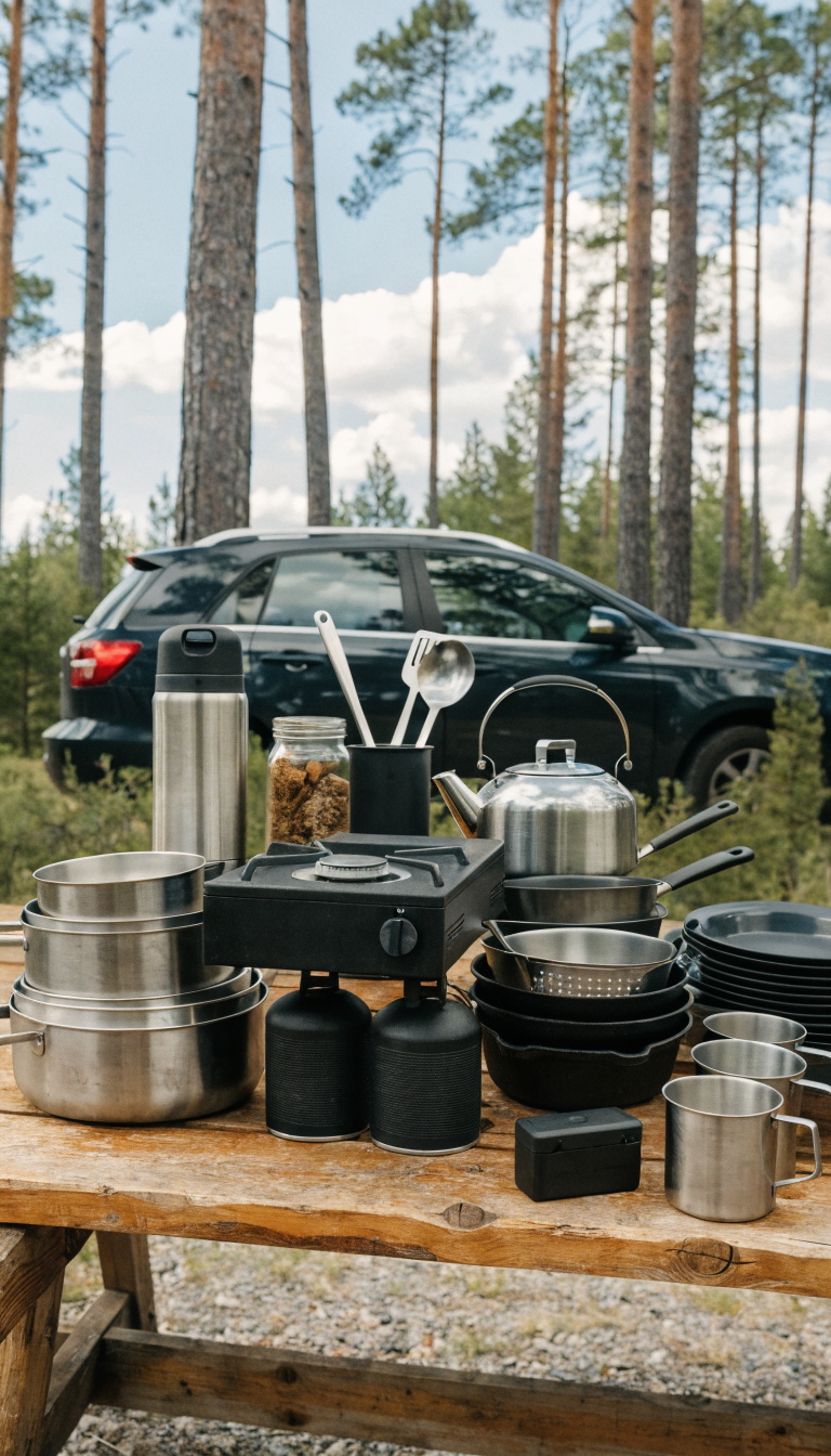 A well-organized car camping kitchen setup displayed on a wooden picnic table in a forest campsite, featuring a portable propane camp stove as the centerpiece, surrounded by essential cooking gear including fuel canisters, stacked cookware and pots, a waterproof match container, utensils in a holder, and camping plates and mugs, all neatly arranged in a functional command center layout, with a car visible slightly blurred in the background among tall pine trees, natural daylight, realistic outdoor photography style