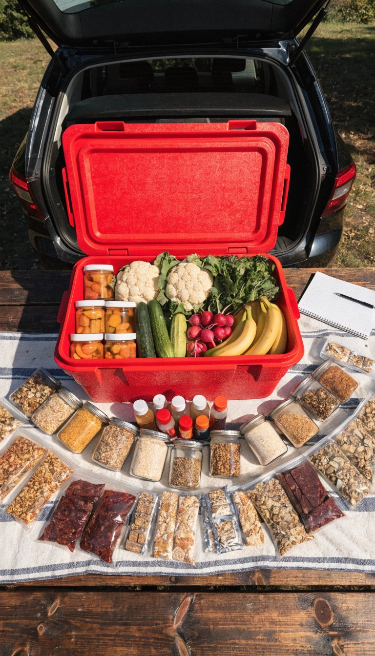 A realistic overhead photo of an organized car camping food setup on a wooden picnic table showing a well-stocked red cooler filled with ice packs and fresh produce, surrounded by categorized non-perishable items including trail mix bags, beef jerky packages, and granola bars in clear containers, alongside small bottles of condiments, with a meal planning notebook and pen visible, all arranged neatly on a camping blanket with a car trunk visible in the background, natural outdoor lighting, sharp focus, professional food photography style