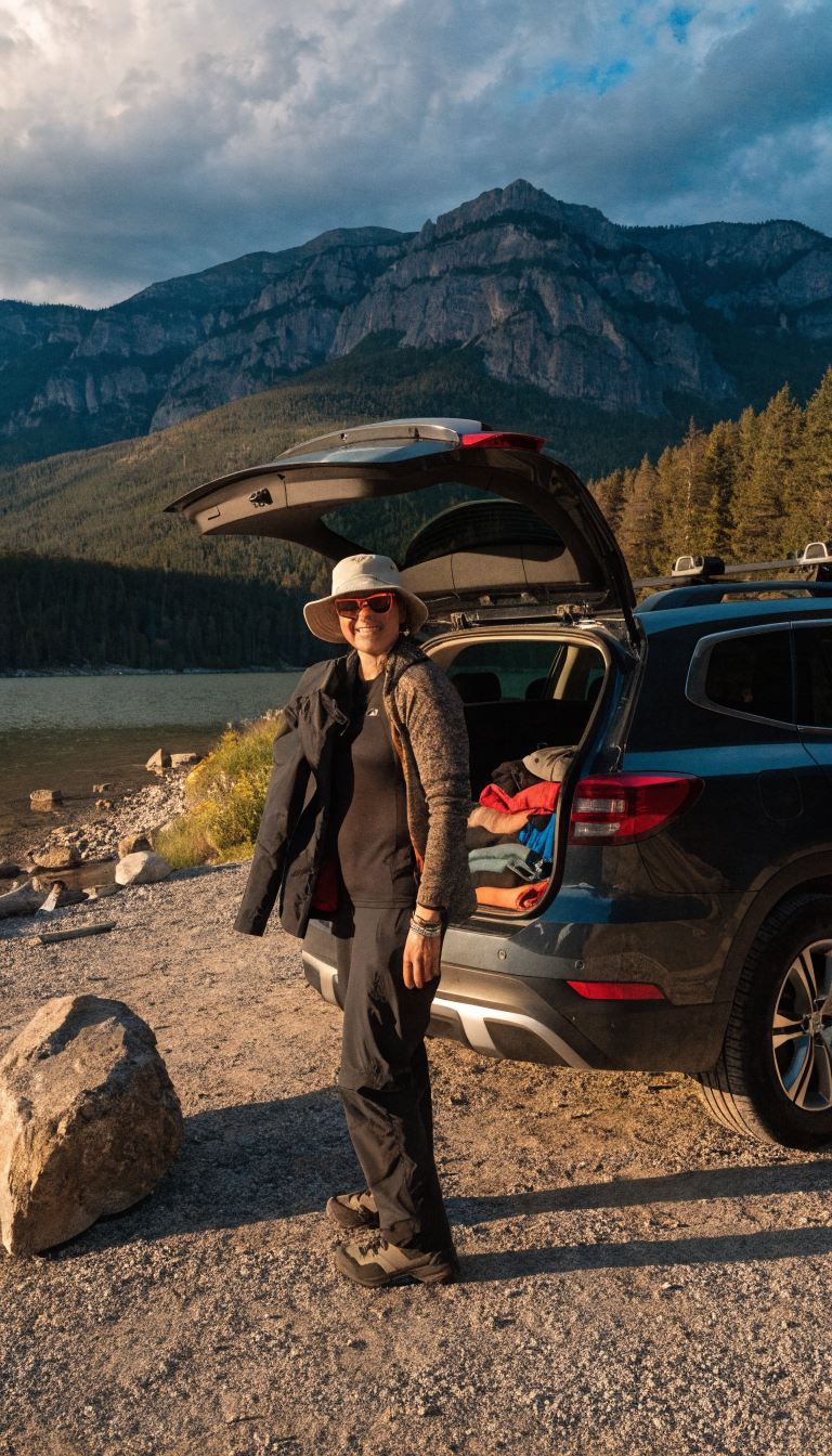 A realistic outdoor photograph of a happy car camper standing beside their open SUV trunk at a scenic campsite, wearing a complete layering system with a moisture-wicking base layer shirt, mid-weight fleece jacket, and weatherproof outer shell jacket draped over their shoulder, with additional clothing layers neatly organized in the vehicle behind them, mountains visible in the background under partly cloudy skies showing changing weather conditions, golden hour lighting, documentary photography style