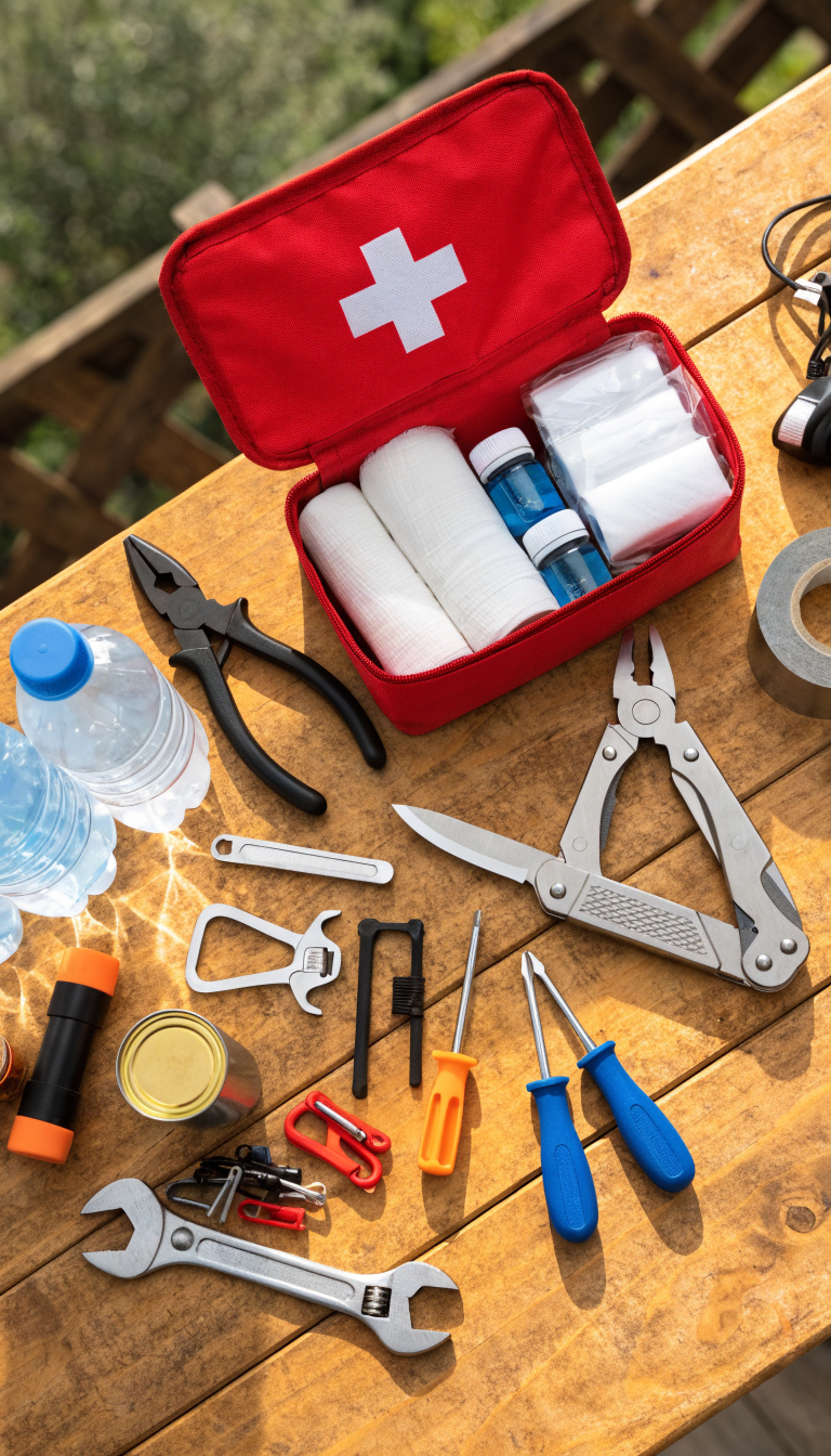 A high-quality overhead flat lay photograph of a car camping safety and tools kit neatly organized on a wooden surface, featuring a red first aid kit with white cross symbol opened to show bandages and medicine bottles, a sturdy stainless steel multi-tool with knife blade extended, a roll of silver duct tape, emergency supplies, and various small repair tools, all arranged in an aesthetically pleasing composition with natural lighting casting soft shadows, professional product photography style with shallow depth of field