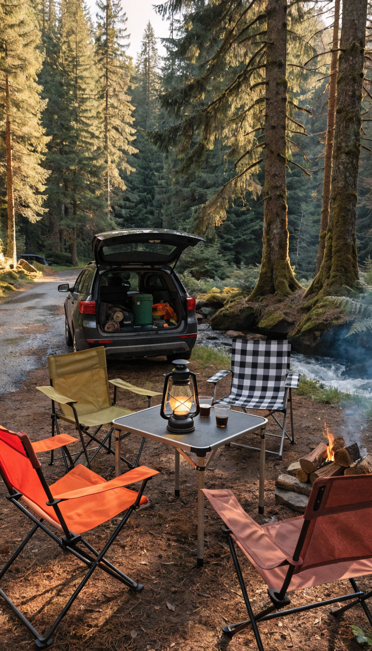 A warm and inviting car camping scene at golden hour showing the comfort extras that make camping fun: colorful folding camp chairs arranged around a portable camping table with a glowing lantern on top, stacked firewood beside a crackling campfire, and an SUV with its trunk open in the background revealing camping gear. The setting is in a scenic forest clearing with dappled sunlight filtering through trees, creating a cozy and welcoming atmosphere that emphasizes leisure and enjoyment rather than survival.