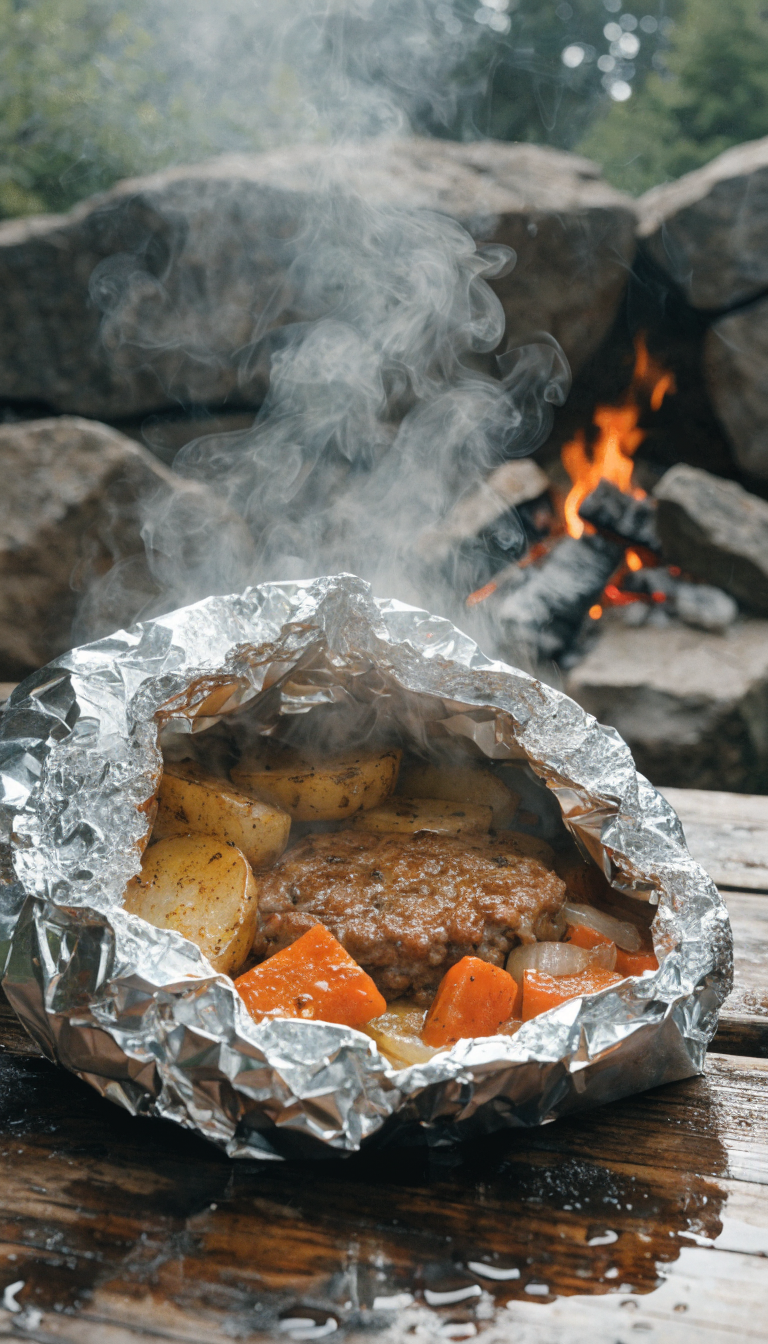 A rustic campfire scene showing an opened aluminum foil packet revealing a cooked hobo dinner with a seasoned ground beef patty, sliced potatoes, chunks of carrots, and onions, steam rising from the hot meal, placed on a weathered wooden camp table with orange campfire flames glowing softly in the background, natural outdoor lighting, high-quality food photography style