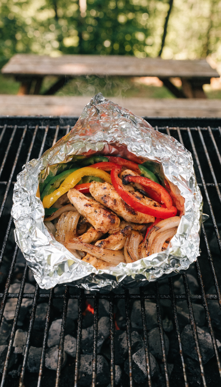 A realistic overhead photograph of an opened foil packet on a camping grill grate containing sizzling fajita ingredients - grilled strips of seasoned chicken, colorful bell peppers in red, yellow and green, and caramelized onions with visible grill marks and steam rising. The foil packet is reflecting firelight, with soft-focus camping elements like a wooden picnic table and forest background in the natural outdoor setting. Professional food photography style with warm, natural lighting highlighting the juicy, well-seasoned meat and vegetables.