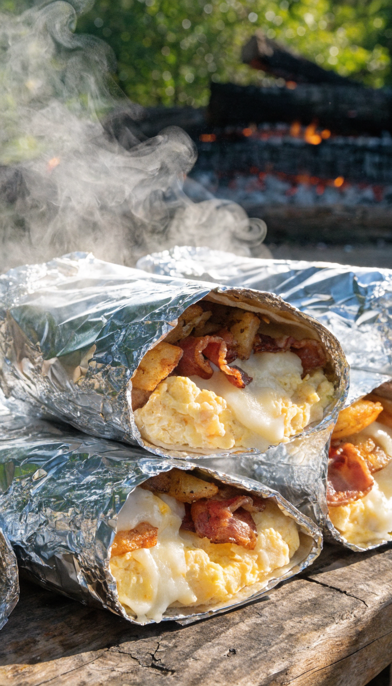 A close-up photograph of freshly cooked breakfast burritos wrapped in aluminum foil at a camping site, with the foil partially peeled back to reveal scrambled eggs, crispy bacon, golden hash browns, and melted cheese inside a soft tortilla, steam rising from the hot filling, morning sunlight filtering through trees in the background, placed on a rustic camping table or log, with a campfire visible but softly blurred in the distance