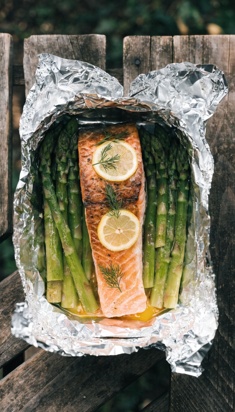 A high-quality overhead photograph of an opened aluminum foil packet revealing a perfectly cooked salmon fillet topped with thin lemon slices and fresh dill sprigs, surrounded by bright green asparagus spears, with melted butter glistening over the fish, set on a rustic wooden camping table with natural outdoor lighting, shallow depth of field, food photography style