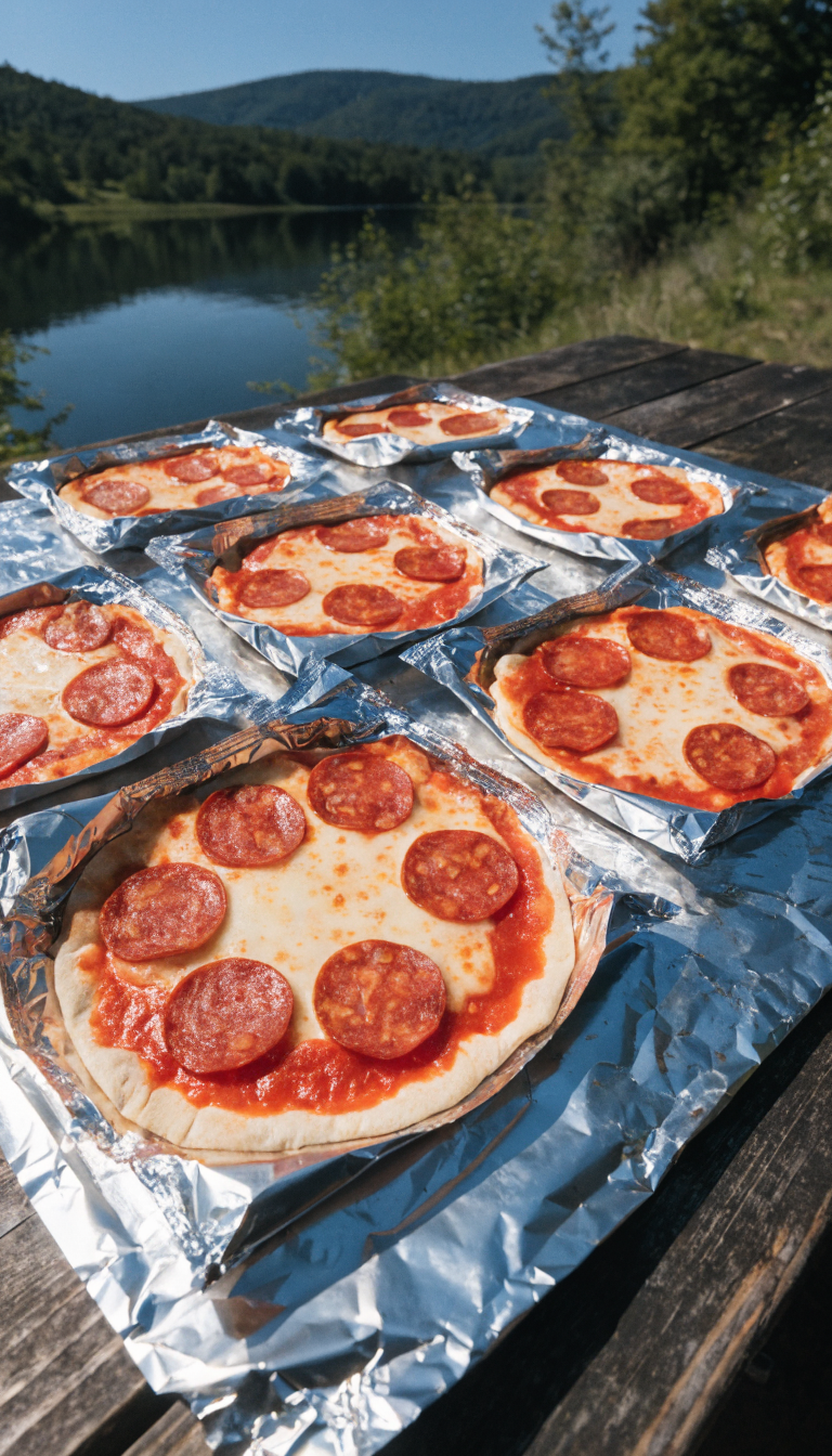 A high-quality overhead photograph of individual pizza packets being prepared on aluminum foil at a campsite, showing flattened pizza dough topped with bright red pizza sauce, melted mozzarella cheese, and pepperoni slices on shiny aluminum foil, with some packets already folded and others open displaying the toppings, rustic camping table surface visible, natural outdoor lighting, appetizing and realistic food photography style
