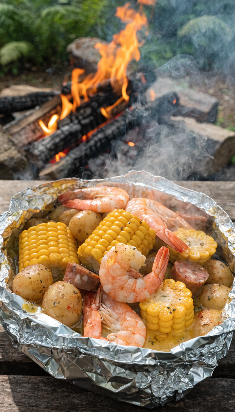 A rustic outdoor camping scene showing an opened aluminum foil packet on a wooden picnic table containing a colorful seafood boil with pink cooked shrimp, golden corn on the cob pieces, baby potatoes, sliced sausage, and melted garlic butter pooling at the bottom, with visible herbs and Old Bay seasoning, steam rising from the hot food, natural outdoor lighting, campfire blurred in background, appetizing and realistic food photography style
