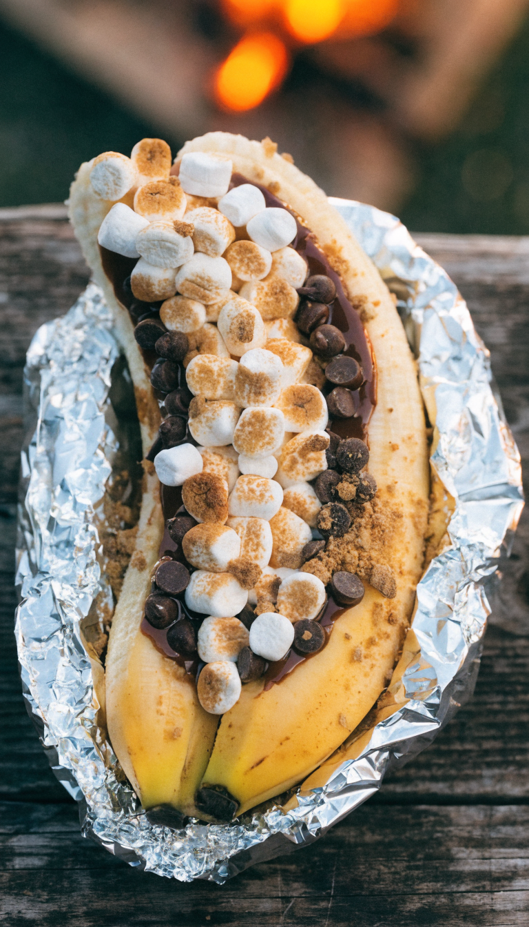 A close-up overhead photograph of a ripe banana split lengthwise with the peel still on, filled with melting chocolate chips, toasted golden-brown mini marshmallows, and crushed graham crackers, wrapped partially in aluminum foil, sitting on a rustic wooden camping table with warm campfire glow in the background, shot in natural outdoor lighting with shallow depth of field