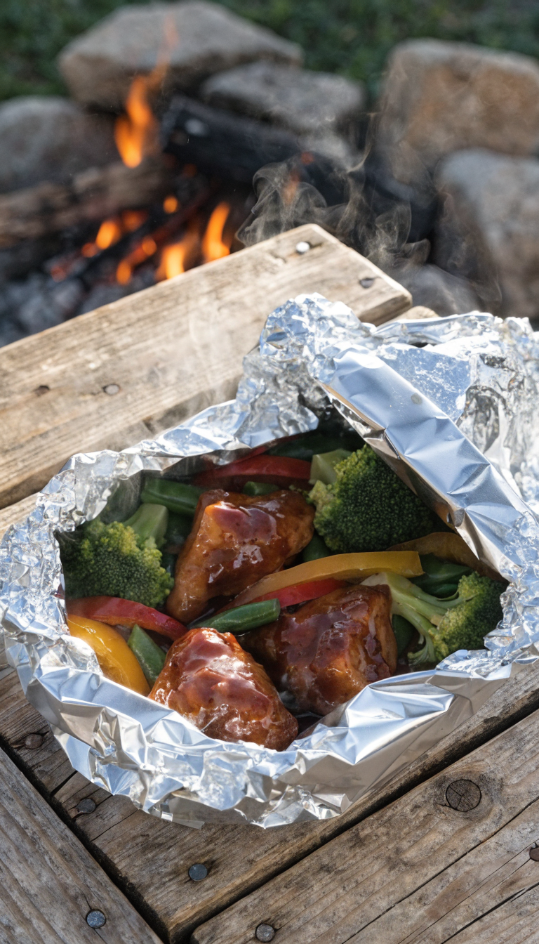 A high-quality overhead photograph of an opened aluminum foil packet on a rustic wooden camping table, revealing steaming teriyaki chicken and vegetables inside. Chunks of glazed chicken thighs glisten with teriyaki sauce, surrounded by bright green broccoli florets, colorful red and yellow bell pepper slices, and crisp snap peas. The foil is folded back to show the meal, with condensation and steam rising from the hot food. Natural outdoor lighting with a campfire blurred in the background, creating a warm, inviting campsite atmosphere.