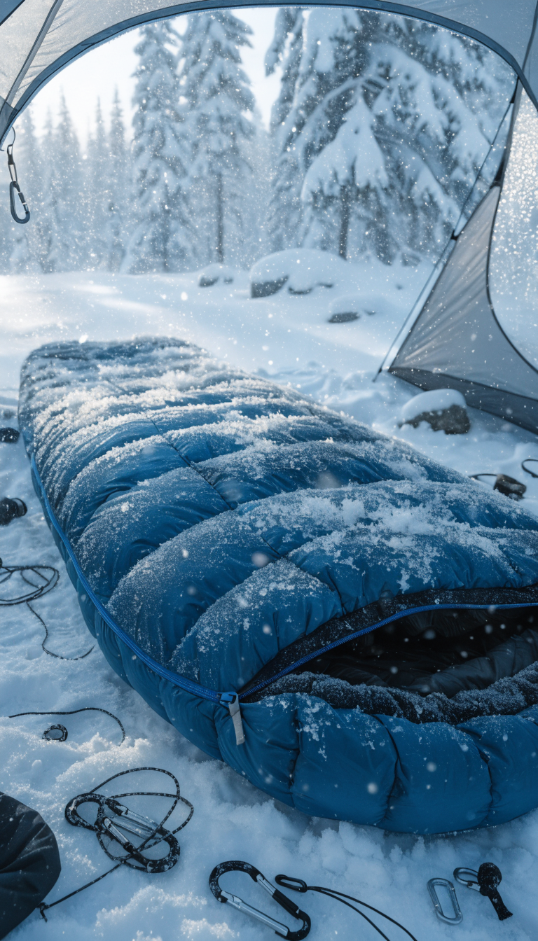 A high-quality photograph of a premium four-season sleeping bag in arctic conditions, mummy-style bag in deep blue or black color with frost crystals forming on the outer shell, thick insulated material clearly visible, partially unzipped to show the plush interior lining, placed on snowy ground inside a winter camping tent with snow-covered pine trees visible through the tent opening, cold weather camping gear scattered nearby, dramatic early morning winter light casting blue tones across the scene, shot from a three-quarter angle to show depth and texture of the insulated sleeping bag, ultra-realistic detail showing the technical features and heavy-duty construction designed for sub-zero temperatures