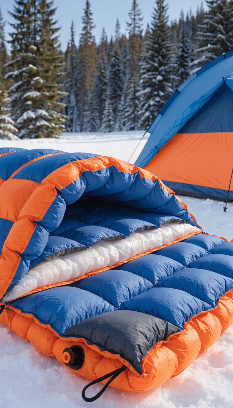 A high-quality photograph of a thick, insulated camping sleeping pad in bright winter colors laid out on snowy ground next to a winter tent, with a cross-section view showing the internal insulation layers and air chambers, set against a pristine snow-covered campsite with pine trees in the background, professional outdoor gear photography style with sharp focus on the pad's textured surface and valve system, natural daylight highlighting the pad's thickness and construction details.