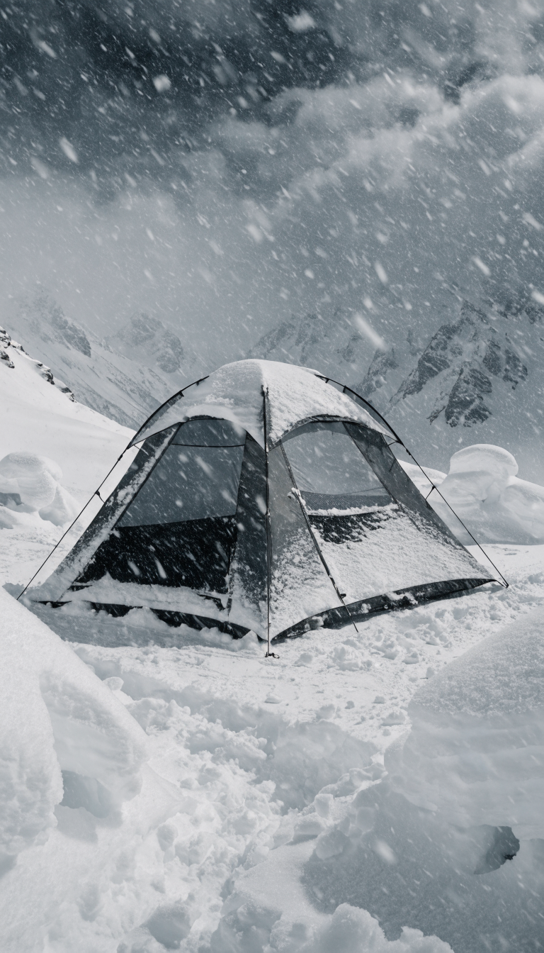 A rugged four-season dome tent pitched in a snowy mountain landscape during a winter storm, with snow accumulated on its sturdy sloped sides and reinforced pole structure visible through the taut fabric, heavy snowfall and wind visible in the air, dramatic overcast sky, the tent's robust design clearly built to withstand harsh conditions, professional outdoor photography, sharp detail showing the tent's durable construction and minimal mesh panels, surrounded by deep snow drifts, alpine wilderness setting