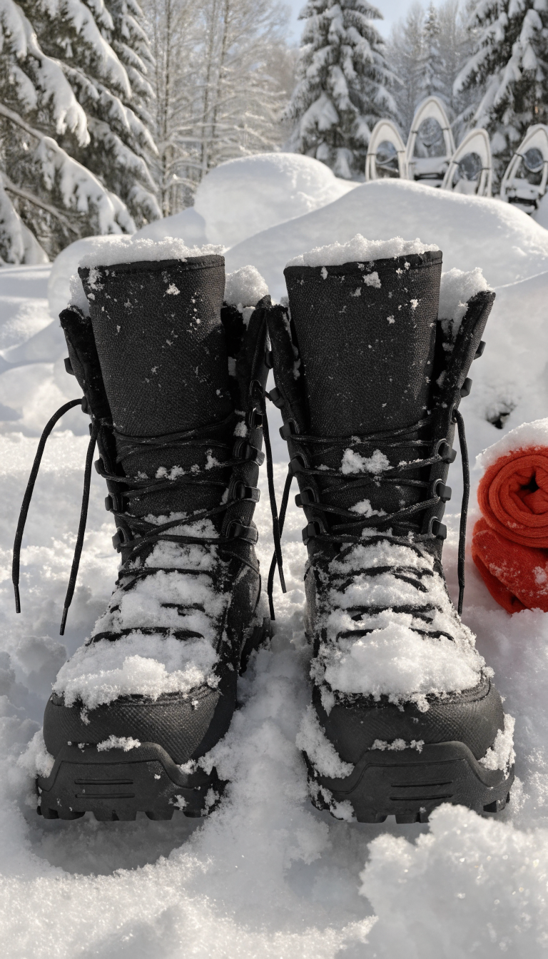 A high-quality photograph of heavy-duty insulated winter camping boots in dark brown or black, positioned on fresh snow with snowshoes visible in the background, featuring thick rubber soles with aggressive treads, tall waterproof construction, and removable thermal liners partially pulled out to show the insulation, alongside rolled-up thick wool socks in bright red or orange color placed next to the boots, shot in natural winter daylight with a snow-covered forest setting, professional outdoor gear photography style with sharp focus on boot details and texture