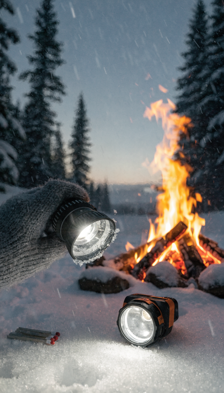A realistic outdoor winter camping scene showing a gloved hand holding an illuminated LED headlamp in the foreground, with a second backup headlamp and waterproof matches laid out on snow beside a warm glowing campfire, set against a darkening twilight sky with pine trees silhouetted in the background, professional photography with sharp focus on the lighting equipment and soft bokeh on the flames