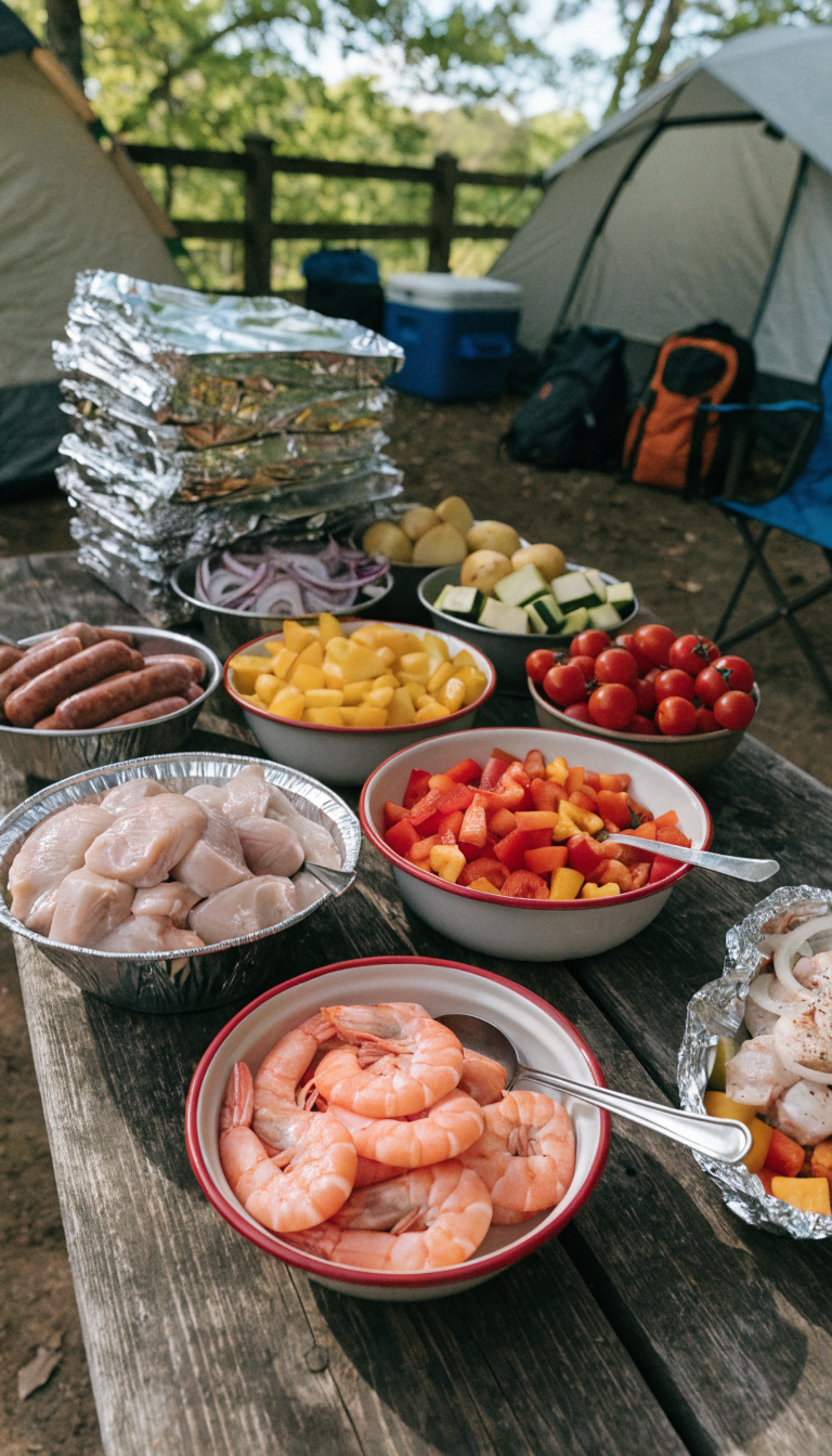A overhead view of a rustic camping buffet station setup on a wooden picnic table, featuring multiple large bowls filled with fresh ingredients for foil packet meals: diced chicken, pink shrimp, sliced sausages, colorful bell peppers, sliced onions, cubed zucchini, halved potatoes, and cherry tomatoes. A stack of heavy-duty aluminum foil sits prominently on the table, with one partially assembled foil packet showing layered ingredients. Natural outdoor lighting filters through trees in the background, with camping gear subtly visible. The scene is styled with a warm, inviting aesthetic perfect for a group camping setting, shot from above at a 45-degree angle with shallow depth of field.