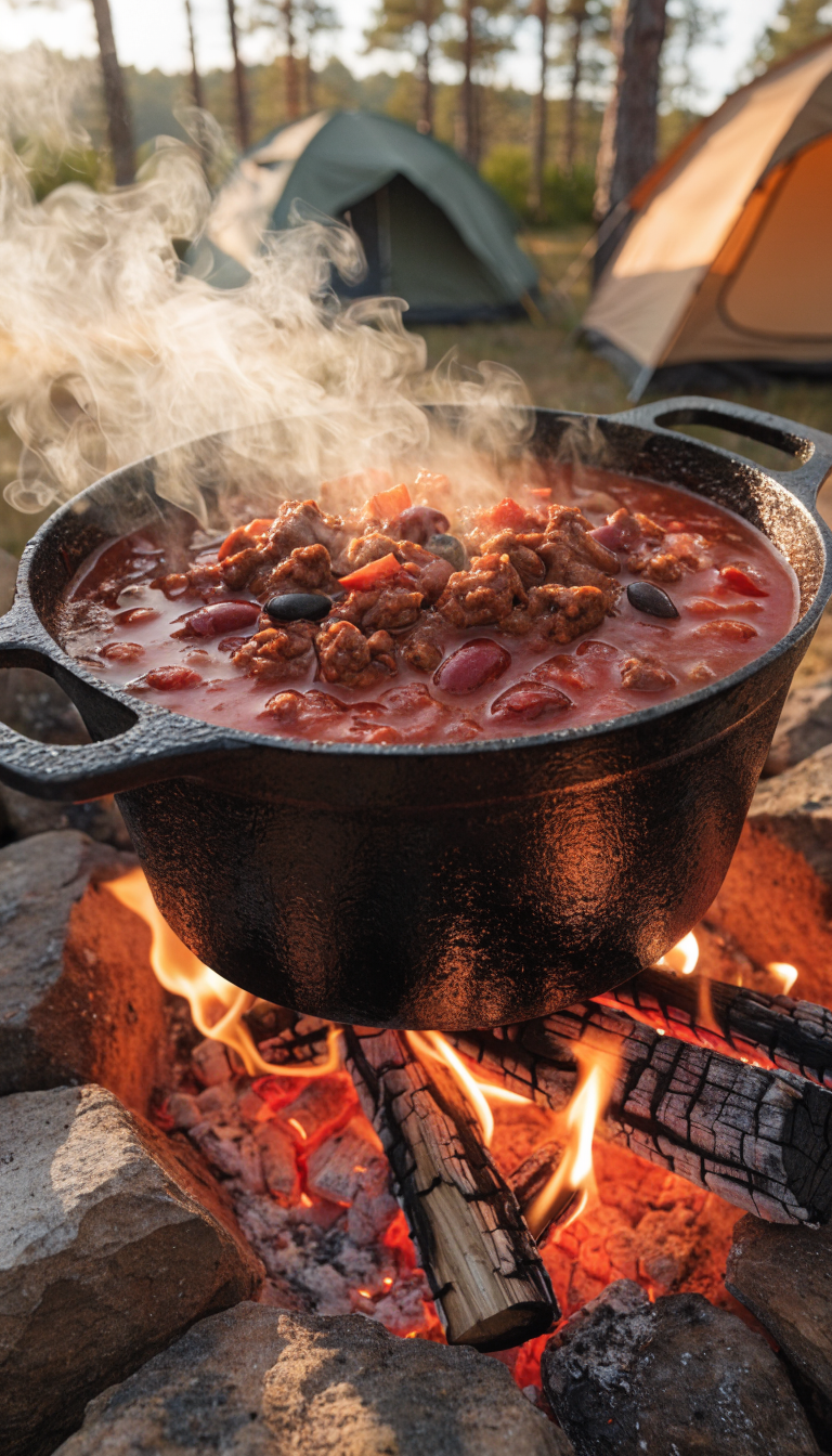 A large cast iron Dutch oven filled with hearty, bubbling chili sitting over glowing campfire embers, with visible chunks of ground beef, red kidney beans, black beans, and diced tomatoes in a rich, thick red sauce. Steam rises from the pot in the outdoor setting, with flames licking the sides of the well-seasoned black pot. In the background, slightly out of focus, are camping tents and pine trees in natural daylight. The chili has a glossy, appetizing surface with a rustic, homemade appearance. Shot from a 45-degree angle showing the depth and texture of the one-pot meal, with warm golden hour lighting creating an inviting, cozy camping atmosphere.