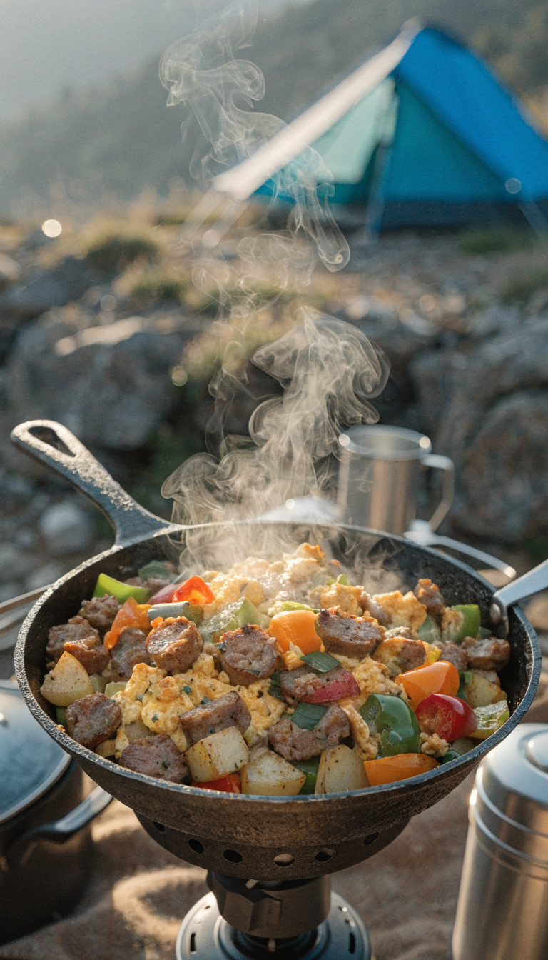 A large cast iron skillet over a camp stove filled with a hearty breakfast scramble featuring crumbled breakfast sausage, golden diced potatoes, scrambled eggs, and colorful vegetables, with steam rising from the hot food, camping equipment visible in the soft morning light, shallow depth of field focusing on the sizzling skillet contents, warm natural lighting suggesting early morning at a campsite