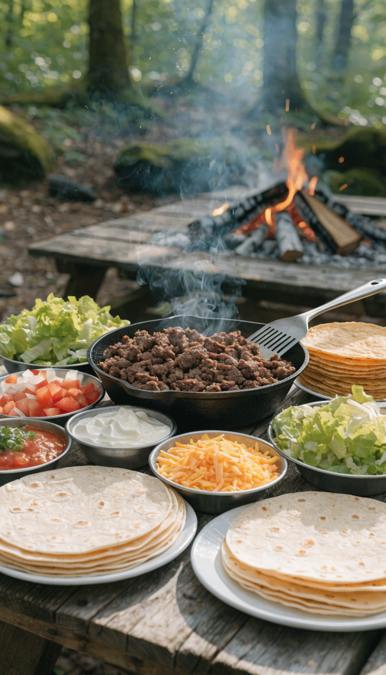 A vibrant outdoor camping taco bar setup on a rustic wooden picnic table in a forest setting, featuring a large cast iron skillet with seasoned ground beef, colorful array of fresh toppings in camping bowls including shredded lettuce, diced tomatoes, sliced onions, shredded cheese, sour cream, and salsa, stacks of flour and corn tortillas on plates, all arranged buffet-style with a campfire blurred in the background, natural daylight filtering through trees, documentary-style food photography with shallow depth of field