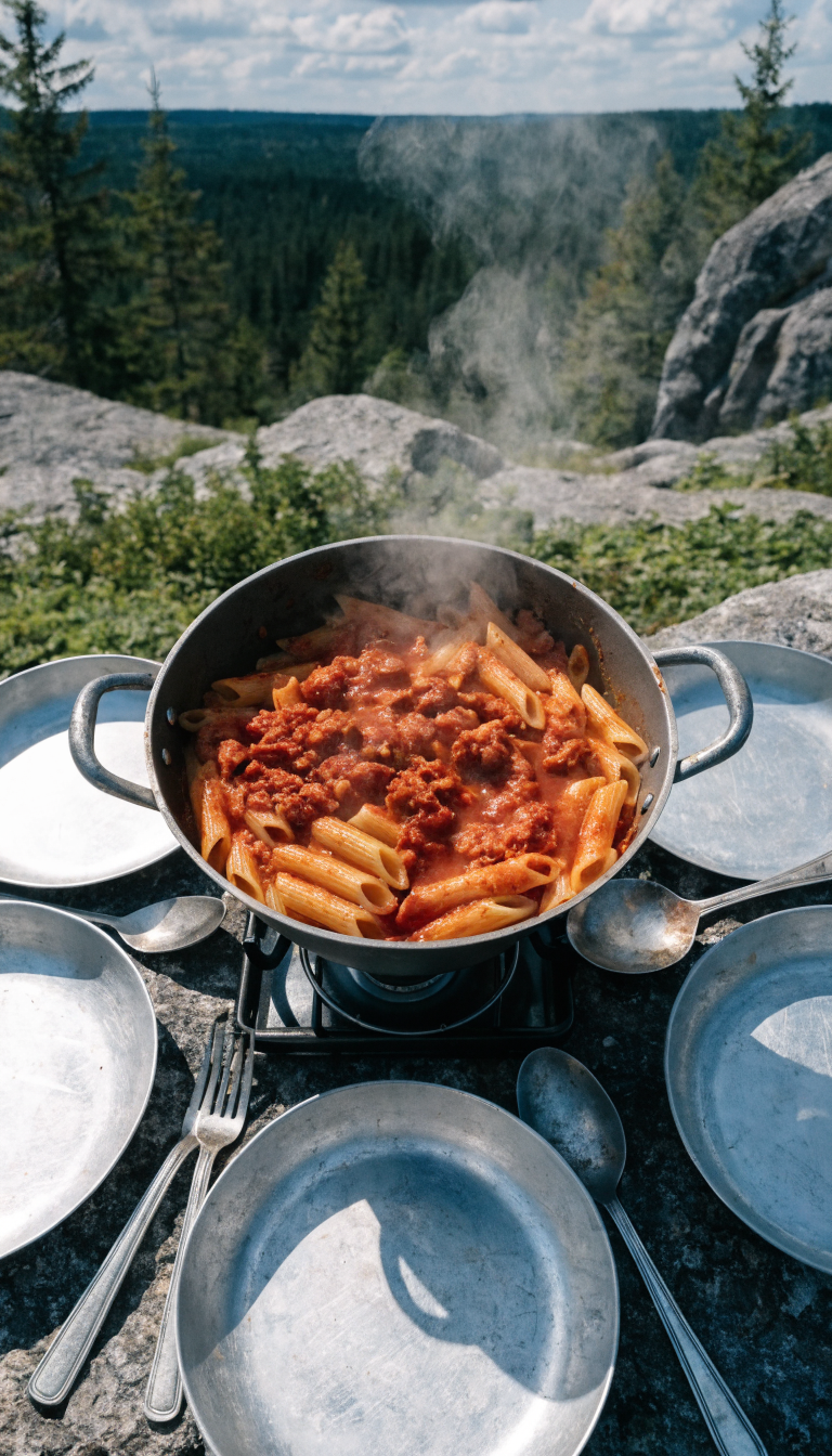 A large camping pot filled with cooked penne pasta being mixed with Italian sausage and marinara sauce over a portable camp stove, surrounded by multiple empty camping plates and utensils waiting to be served, with a rustic outdoor camping setting visible in the background, photographed from above in natural daylight showing steam rising from the hot pasta