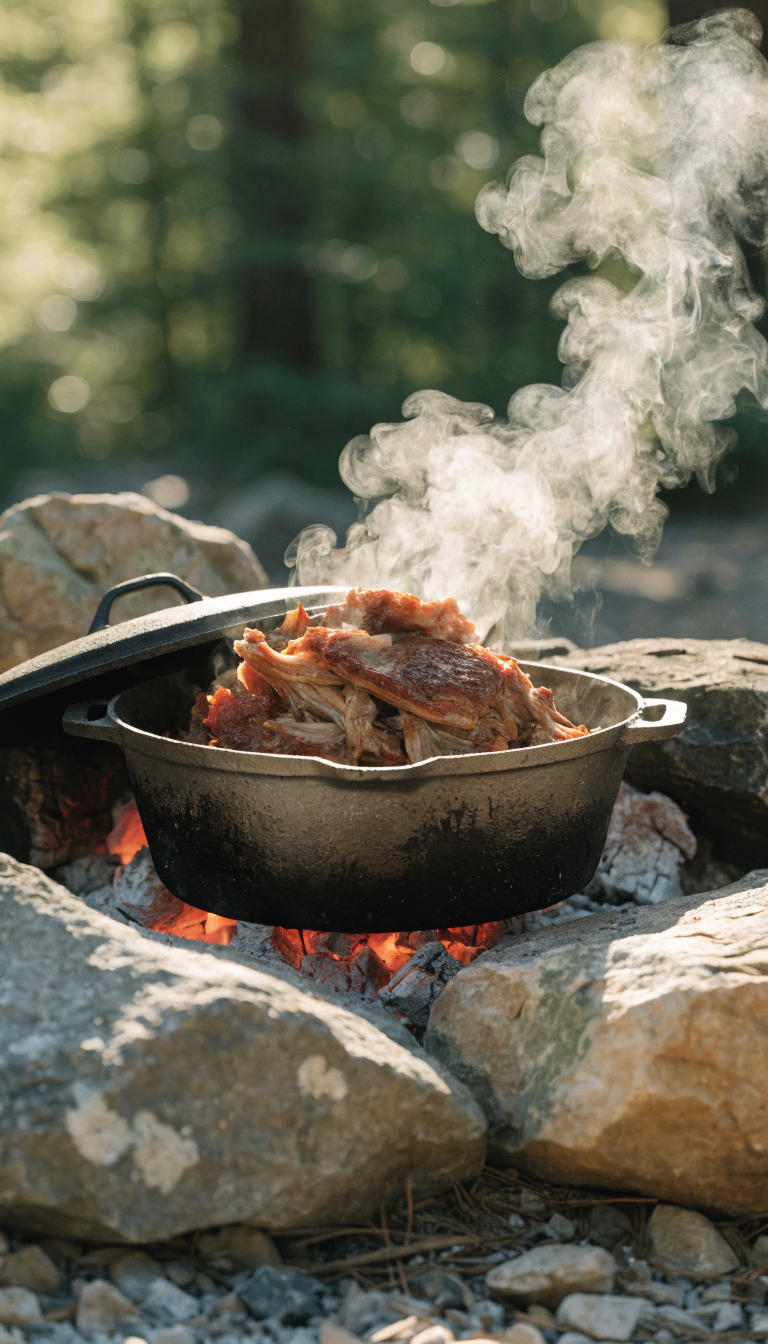 A rustic cast iron Dutch oven nestled in glowing orange campfire coals, lid slightly ajar revealing tender, juicy pulled pork with a caramelized crust, steam rising into the air, surrounded by scattered wood embers and ash, natural outdoor camping setting with dappled sunlight filtering through trees in the background, shallow depth of field focusing on the glistening meat, warm golden hour lighting, professional food photography style