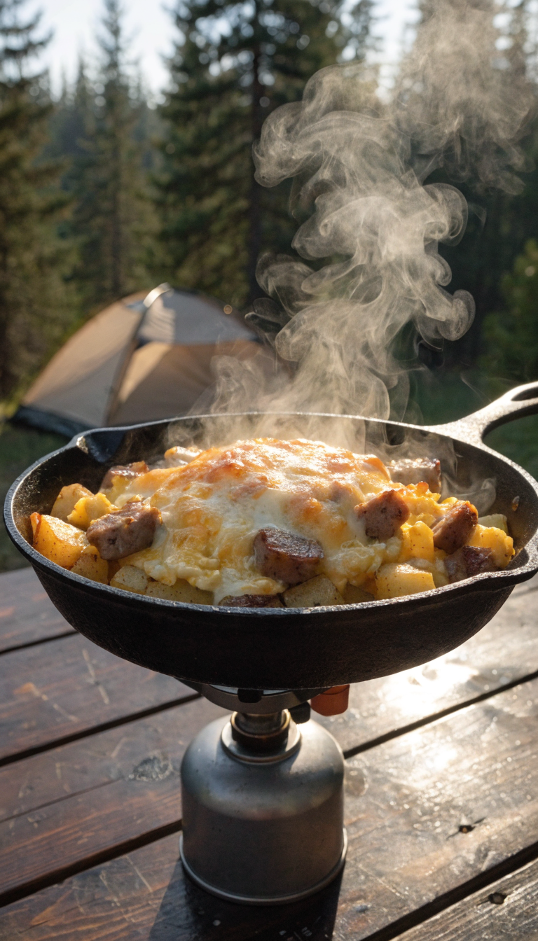 A rustic cast iron skillet over a camping stove filled with a golden-brown breakfast hash of diced potatoes, chunks of cooked sausage, and scrambled eggs, with melted cheese on top, steam rising from the hot food, set on a wooden camping table with a blurred tent and pine trees in the soft morning light background, shot from a 45-degree angle in realistic outdoor photography style