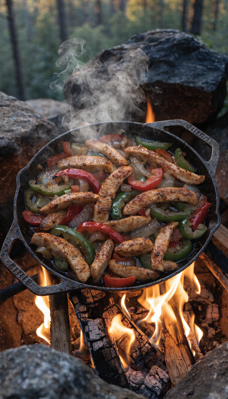 A realistic overhead photo of a sizzling cast iron camping skillet filled with colorful chicken fajitas cooking over a campfire, featuring golden-brown seasoned chicken strips mixed with vibrant red and green bell peppers and caramelized onions, steam rising from the hot food, with flames visible beneath the skillet and a rustic outdoor camping setting in the soft-focused background during golden hour.