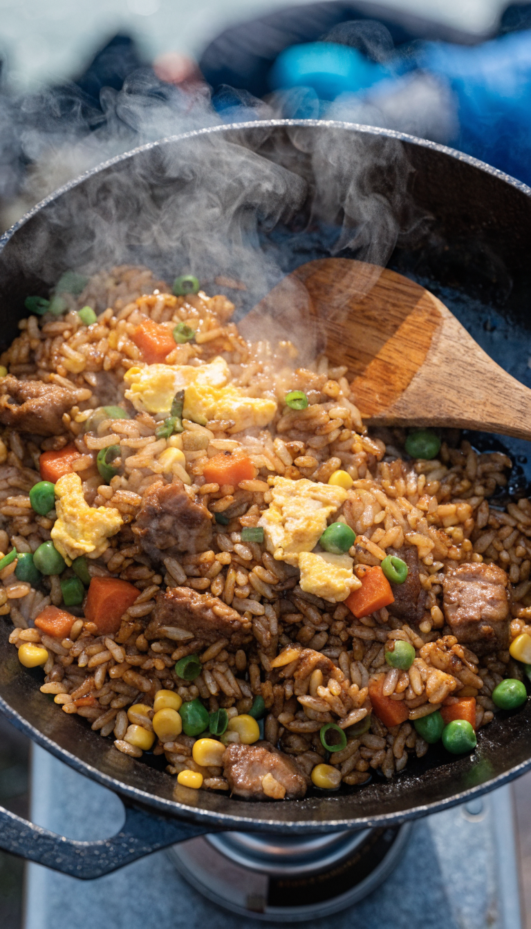 A rustic cast iron camping skillet filled with colorful fried rice loaded with mixed vegetables including diced carrots, peas, corn, and green onions, chunks of scrambled eggs, and pieces of protein, all glistening with soy sauce, sitting on a portable camping stove outdoors with a wooden spatula resting in the skillet, natural daylight, steam rising from the hot food, camping gear blurred in the background, overhead angle shot, appetizing and hearty appearance
