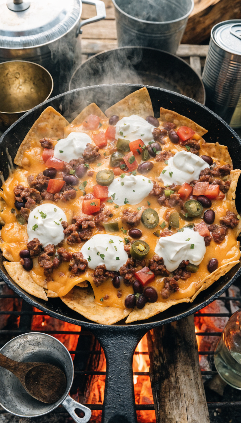 A close-up overhead shot of a cast iron camping skillet filled with loaded nachos over a campfire, featuring layers of golden tortilla chips topped with melted cheddar cheese, seasoned ground beef, black beans, diced tomatoes, jalapeños, and sour cream, with the skillet sitting on a grate over glowing orange embers, surrounded by rustic camping cookware and a wooden picnic table surface, captured in warm natural outdoor lighting with steam rising from the hot cheese