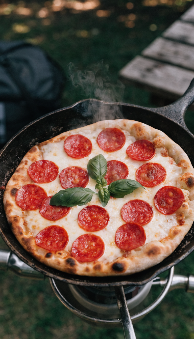 A close-up overhead shot of a rustic cast iron skillet sitting on a camping stove containing a freshly cooked personal-sized pizza with melted mozzarella cheese, pepperoni slices, and fresh basil leaves on a golden-brown naan bread base, with camping gear and a wooden picnic table visible in the blurred background, photographed in natural outdoor lighting with steam rising from the hot pizza