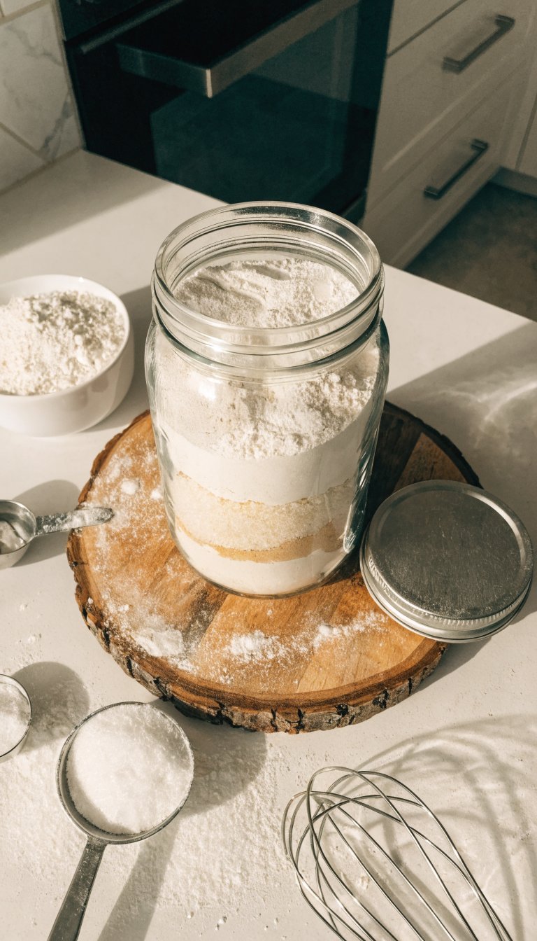 A high-quality overhead photograph of a clear glass mason jar filled with layered pancake mix ingredients showing distinct white and cream-colored layers of flour, baking powder, and sugar, sitting on a rustic wooden cutting board in a bright, modern kitchen. The jar has a silver metal lid beside it, surrounded by scattered fresh ingredients including a small bowl of flour, measuring spoons, and a whisk. Natural morning sunlight streams in from the side, creating soft shadows and highlighting the texture of the dry ingredients inside the jar. The composition is clean and organized with a warm, inviting color palette of whites, creams, and natural wood tones.