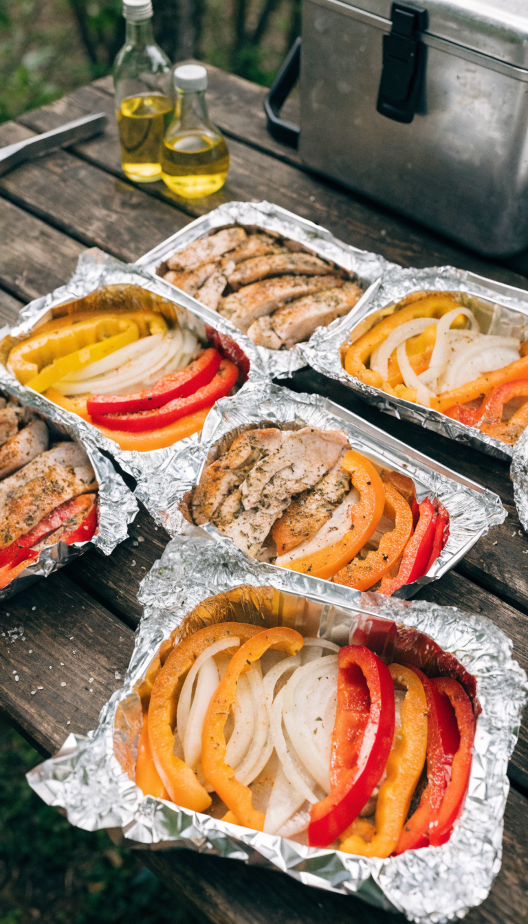 A realistic overhead photo of assembled camping fajita foil packets on a wooden picnic table, showing pre-cut colorful bell peppers in red, yellow, and orange, sliced onions, and seasoned chicken strips arranged on sheets of heavy-duty aluminum foil, with some packets already sealed and others still open displaying the vibrant ingredients inside, surrounded by camping gear like a cooler and small bottles of oil, natural outdoor lighting, shallow depth of field, professional food photography style