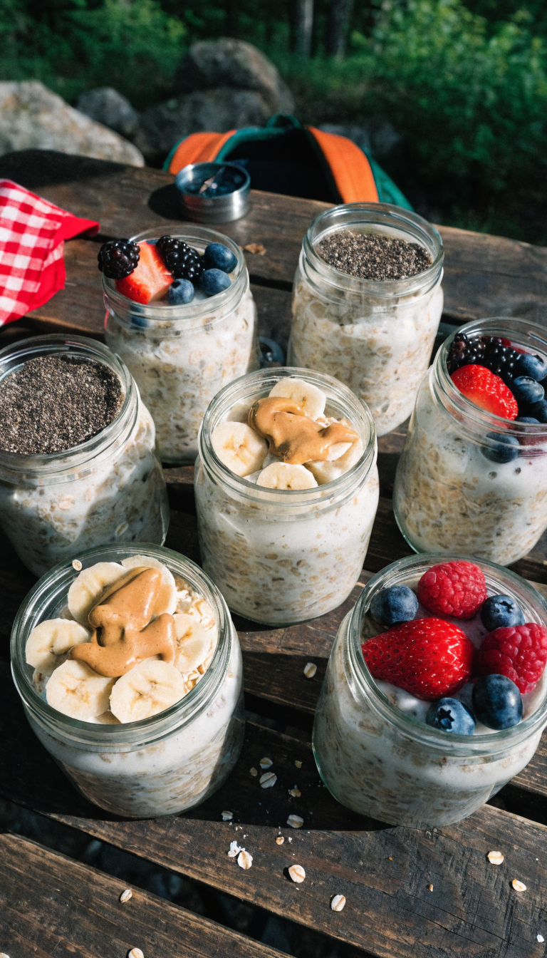 A top-down flat lay photograph of several open glass mason jars filled with overnight oats on a rustic wooden camping table, each jar showing different colorful toppings including sliced bananas with peanut butter drizzle, fresh berries, and chia seeds, with camping gear like a compass and bandana visible in the background, natural morning sunlight streaming across the scene, shallow depth of field, realistic food photography style