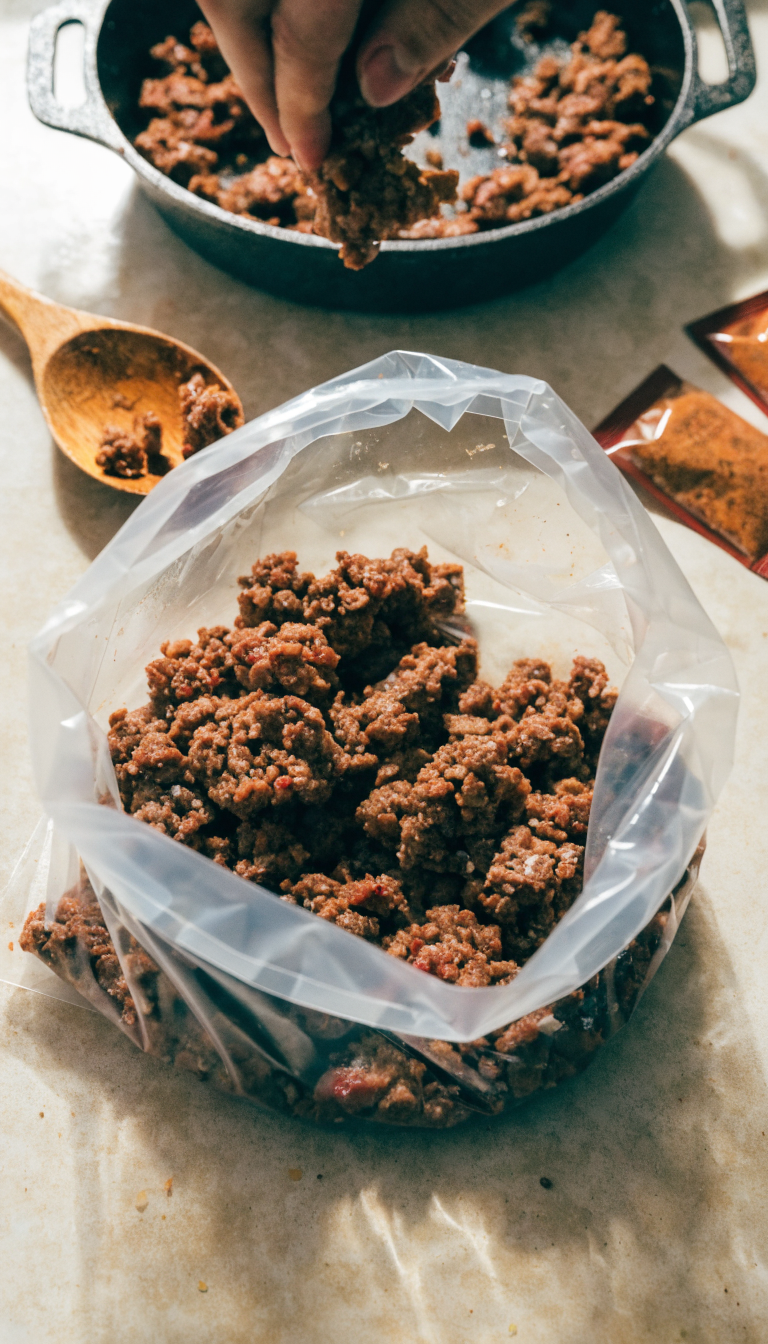 A high-quality overhead photograph of pre-cooked seasoned ground beef taco meat being portioned into a clear freezer bag on a kitchen counter, with the browned meat visible inside the bag, surrounded by taco seasoning packets, a wooden spoon with remnants of cooked meat, and a cast iron skillet with more cooked taco meat in the background, natural kitchen lighting, realistic home meal prep setting, shallow depth of field focusing on the bag of meat