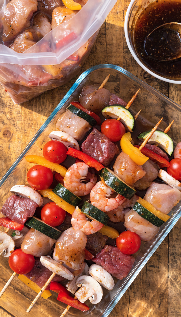 A overhead flat lay photograph of marinated kebab meal prep kits displayed on wooden skewers arranged neatly in a clear glass container, featuring colorful chunks of raw chicken, beef, and shrimp alternating with fresh vegetables including zucchini rounds, bright red cherry tomatoes, white mushrooms, and vibrant red and yellow bell peppers, all glistening with teriyaki marinade, placed on a rustic wooden kitchen counter with a large resealable freezer bag and small bowl of extra marinade visible in the corner, natural kitchen lighting creating appetizing highlights on the marinated ingredients, shallow depth of field with sharp focus on the kebabs