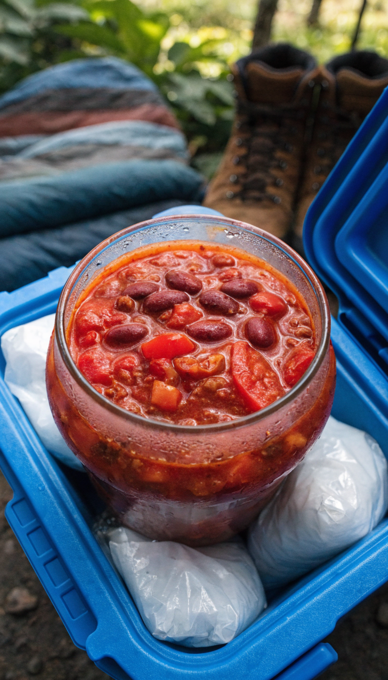 A rustic camping scene showing a large sealed glass container filled with thick, hearty homemade chili with visible red kidney beans, chunks of tomatoes, diced peppers, and ground meat in rich red sauce, sitting inside an open blue camping cooler packed with ice packs, with camping gear like a sleeping bag and hiking boots blurred in the background, natural outdoor lighting, overhead view, photorealistic style