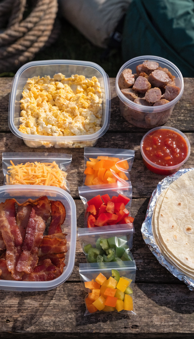 A top-down view of organized camping breakfast burrito prep packs laid out on a rustic wooden surface, featuring clear containers with scrambled eggs, cooked breakfast sausage, crispy bacon strips, small ziplock bags filled with shredded cheddar cheese, vibrant red salsa in a small container, diced colorful bell peppers, and a stack of flour tortillas wrapped in foil, all arranged neatly with camping gear visible in the background, natural morning lighting, professional food photography style, shallow depth of field