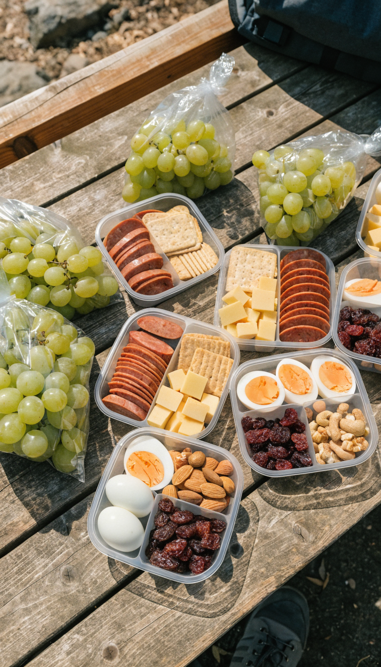 A high-quality overhead photograph of assembled camping snack boxes spread out on a wooden picnic table, featuring clear divided containers and gallon bags filled with colorful snacks including sliced summer sausage, assorted crackers, cheese cubes, fresh grapes, hard-boiled eggs, nuts, and dried fruits, with a camping backpack and hiking boots visible at the edge of the frame, natural outdoor lighting, rustic camping setting
