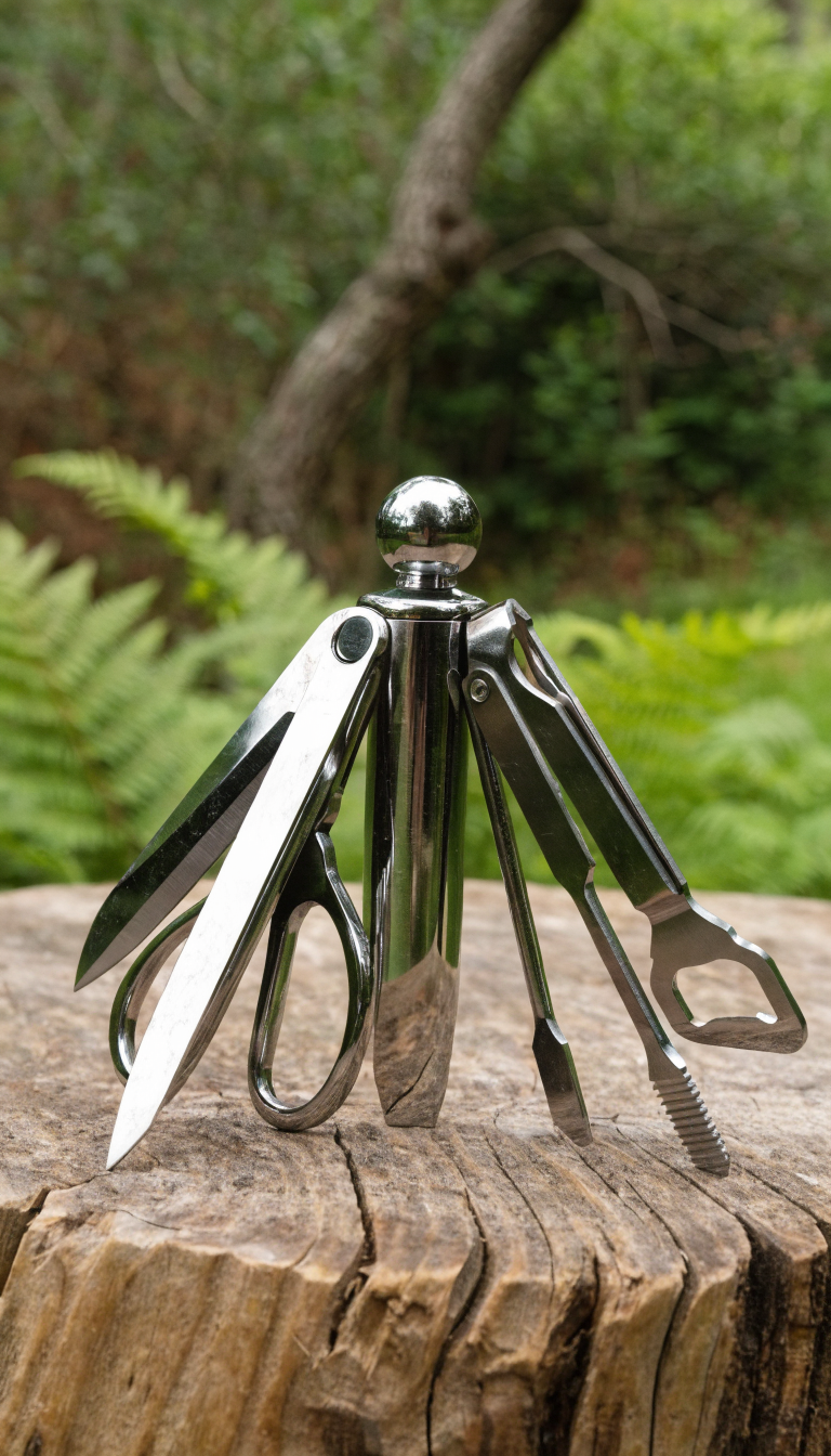 A high-quality photograph of a stainless steel multi-tool displayed open on a rustic wooden surface outdoors, showing multiple functions including knife blade, scissors, screwdrivers, and bottle opener extended outward in a fan arrangement, with soft natural lighting and a blurred camping background featuring green forest foliage, shot in sharp focus with shallow depth of field to emphasize the tool's details and craftsmanship