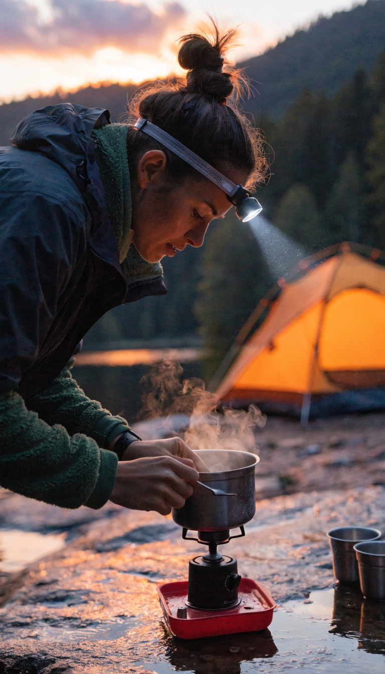 A young woman at a campsite at dusk wearing a bright LED headlamp on her forehead, using both hands to prepare food at a portable camping stove, the headlamp illuminating her cooking area with a focused beam of light, camping tent visible in the background, warm golden hour lighting mixing with the cool white light from the headlamp, realistic outdoor photography style, shallow depth of field