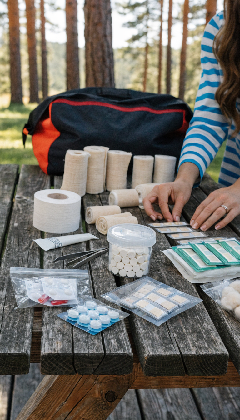 A realistic outdoor photograph of a well-organized, comprehensive first aid kit laid out on a wooden picnic table at a campsite, featuring a woman's hands arranging supplies including blister treatments, bandages of various sizes, antihistamine tablets, pain relievers, antiseptic wipes, gauze pads, medical tape, tweezers, and sting relief cream. The camping bag is visible in the background with pine trees and dappled sunlight creating an authentic outdoor setting. The first aid supplies are displayed in a practical, uncluttered arrangement showing their readiness for use, with natural lighting highlighting the professional-grade medical items against the rustic camping environment.