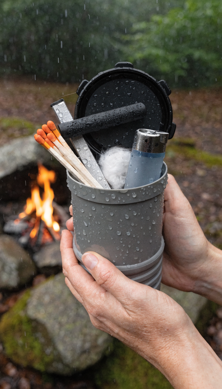 A realistic outdoor photography shot of a woman's hands holding an open waterproof container filled with fire-starting essentials including waterproof matches, a ferro rod with striker, cotton tinder, and a windproof lighter, with a small campfire burning in soft focus in the background, natural lighting, camping setting with damp forest floor visible, detailed close-up perspective showing the organized fire starter kit contents, professional product photography style with warm tones